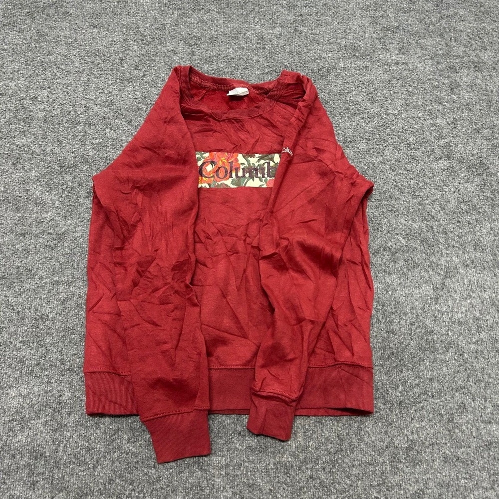 Columbia Sweatshirt Womens Size S Red Floral Box Logo Crewneck Pullover Stain